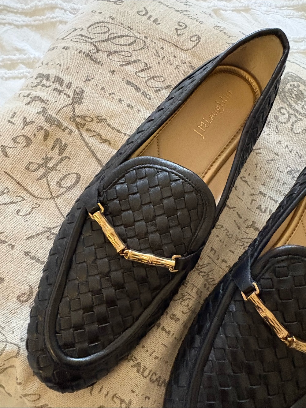J. McLaughlin Fall Loafers - Woven Black Leather with Gold-Tone Accents